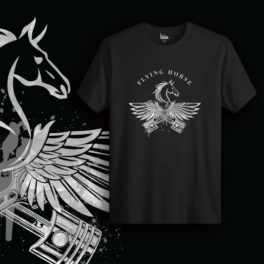The Flying Horse T-Shirt (Black) – Grayscale design of a winged horse emerging from mechanical pistons, with “FLYING HORSE” text above.