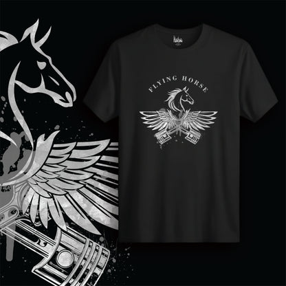The Flying Horse T-Shirt (Black) – Grayscale design of a winged horse emerging from mechanical pistons, with “FLYING HORSE” text above.