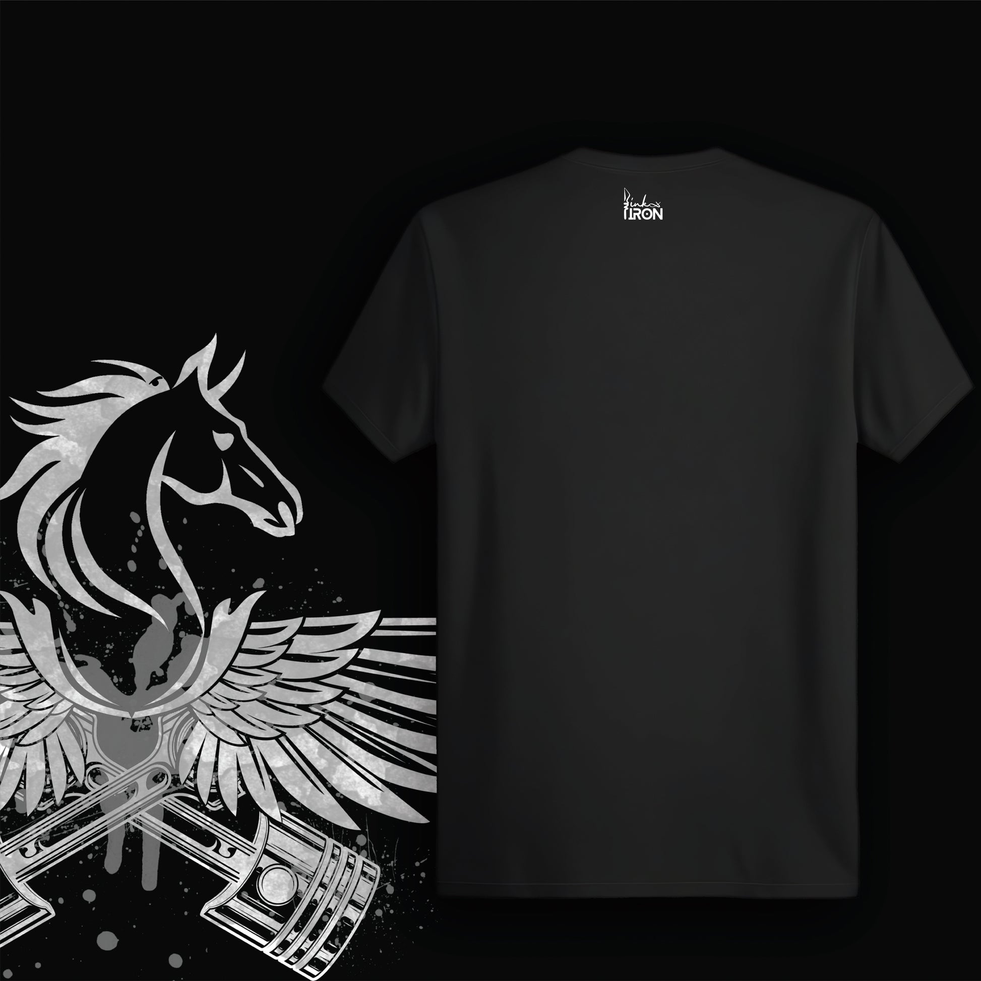 The Flying Horse T-Shirt (Black) – Plain black back panel for balance, keeping focus on the detailed mytho-industrial artwork in front.