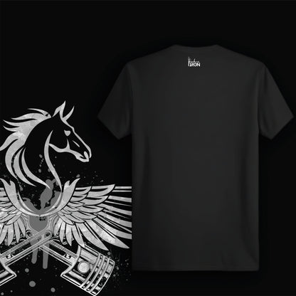 The Flying Horse T-Shirt (Black) – Plain black back panel for balance, keeping focus on the detailed mytho-industrial artwork in front.