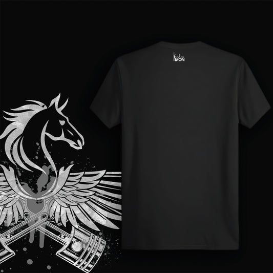 The Flying Horse T-Shirt (Black) – Plain black back panel for balance, keeping focus on the detailed mytho-industrial artwork in front.