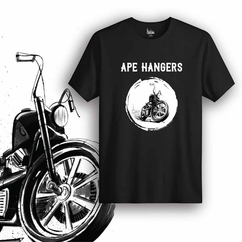 Ape Hangers Motorcycle T-Shirt (Black) – Front view of biker tee by Ink and Iron, featuring hand-drawn artwork inspired by high-handlebar chopper culture and old-school cruising on premium cotton.
