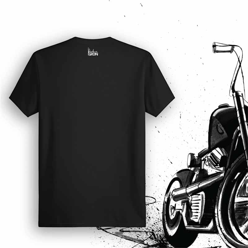 Ape Hangers Motorcycle T-Shirt (Black) – Back view of biker tee by Ink and Iron, with minimal yet bold design celebrating the classic ape hanger riding style and laid-back freedom on soft, breathable cotton.
