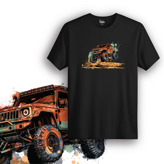 Desert Beast T-Shirt (Black) - Bold graphic featuring an orange lifted Jeep with oversized tires conquering desert terrain, complete with dynamic sand effects and realistic desert landscape details.
