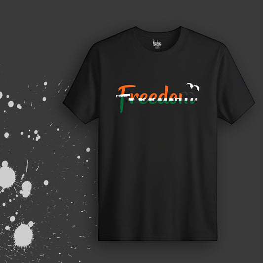 Freedom T-Shirt (Black) - Features the word “Freedom” in tricolor brush typography with flying birds, symbolizing bold independence and hope.