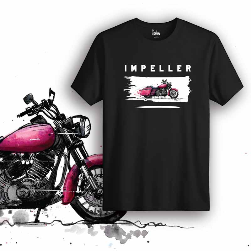 Impeller Motorcycle T-Shirt (Black) – Front view of biker tee by Ink and Iron, featuring hand-drawn artwork inspired by high-speed motion, mechanical power, and precision engineering on premium cotton.
