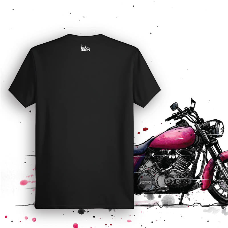 Impeller Motorcycle T-Shirt (Black) – Back view of biker tee by Ink and Iron, with minimal yet bold design celebrating the relentless energy and rotational force that drives performance on soft, breathable cotton.
