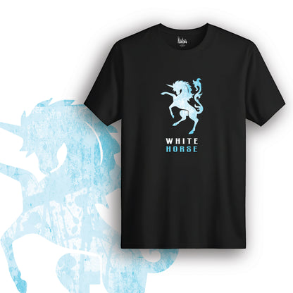 The White Horse T-Shirt (Black) – Light blue silhouette of a rearing horse with “WHITE HORSE” in block font below.