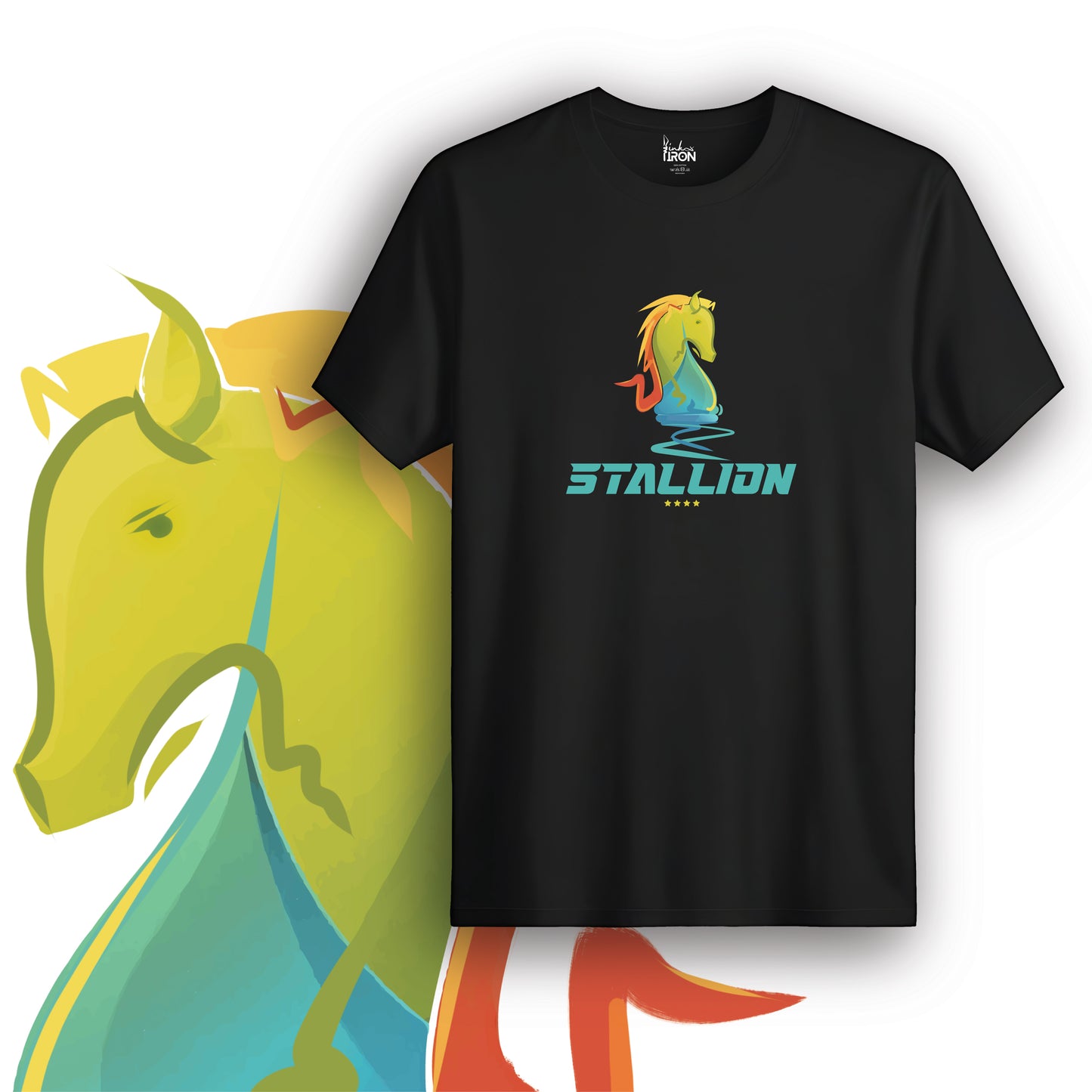 The Stallion T-Shirt (Black) – Vibrant multi-color stallion head with “STALLION” in dynamic type below.