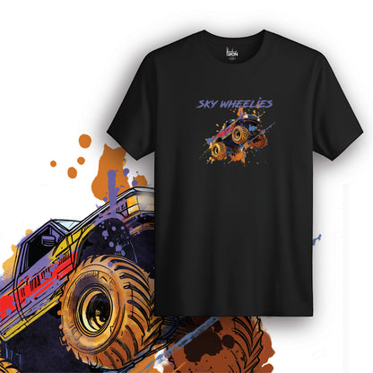Sky Wheelers T-Shirt (Black) – Action-packed graphic tee featuring a monster truck in mid-air jump with colorful splatter effects and bold "SKY WHEELERS" text.