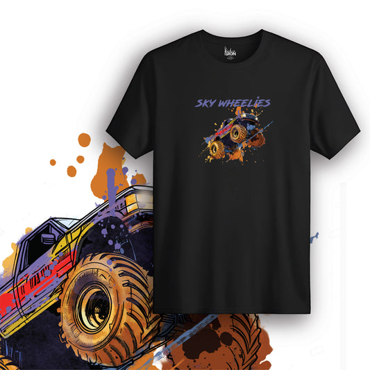 Sky Wheelers T-Shirt (Black) – Action-packed graphic tee featuring a monster truck in mid-air jump with colorful splatter effects and bold "SKY WHEELERS" text.