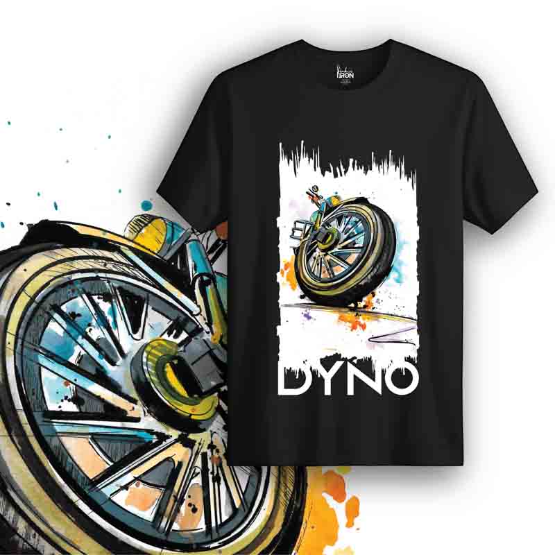 Dyno Motorcycle T-Shirt (Black) – Front view of biker tee by Ink and Iron, featuring hand-drawn artwork inspired by performance tuning, dynamometer testing, and precision engineering on premium cotton.
