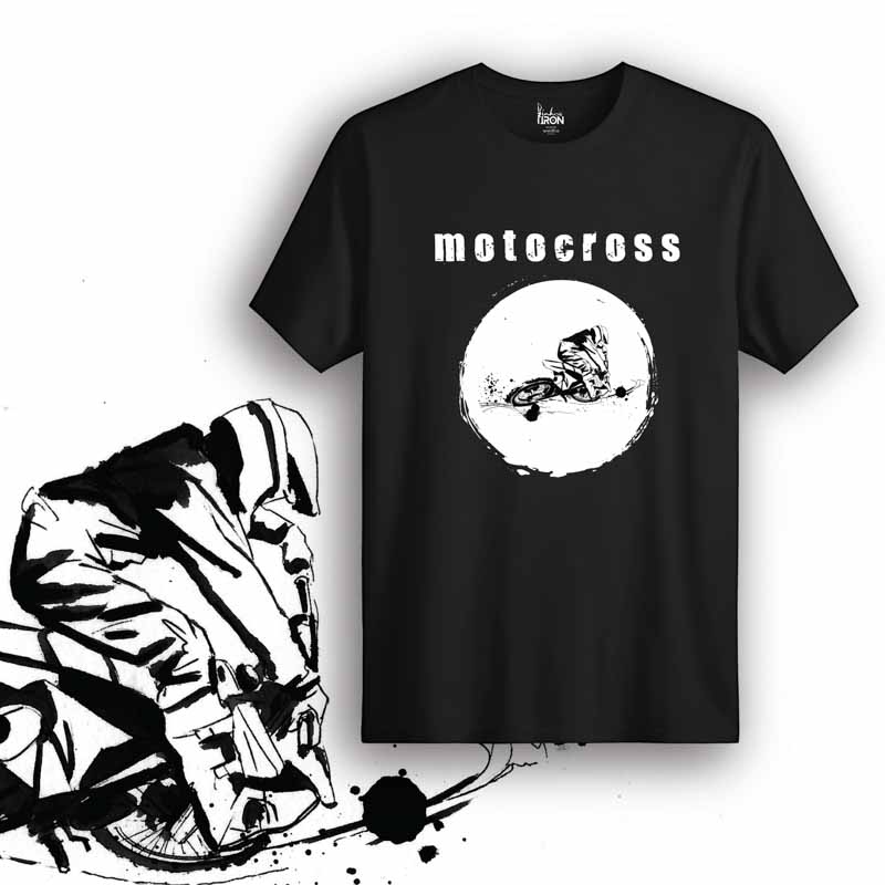 Motocross Motorcycle T-Shirt (Black) – Front view of biker tee by Ink and Iron, featuring hand-drawn artwork inspired by off-road racing, dirt bike jumps, and high-adrenaline motocross action on premium cotton.
