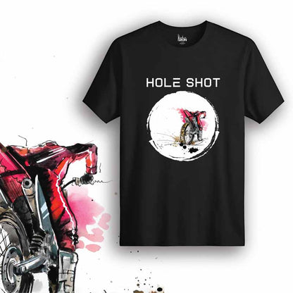 Hole Shot Motorcycle T-Shirt (Black) – Front view of biker tee by Ink and Iron, featuring hand-drawn artwork inspired by motocross race starts, explosive acceleration, and speed dominance on premium cotton.
