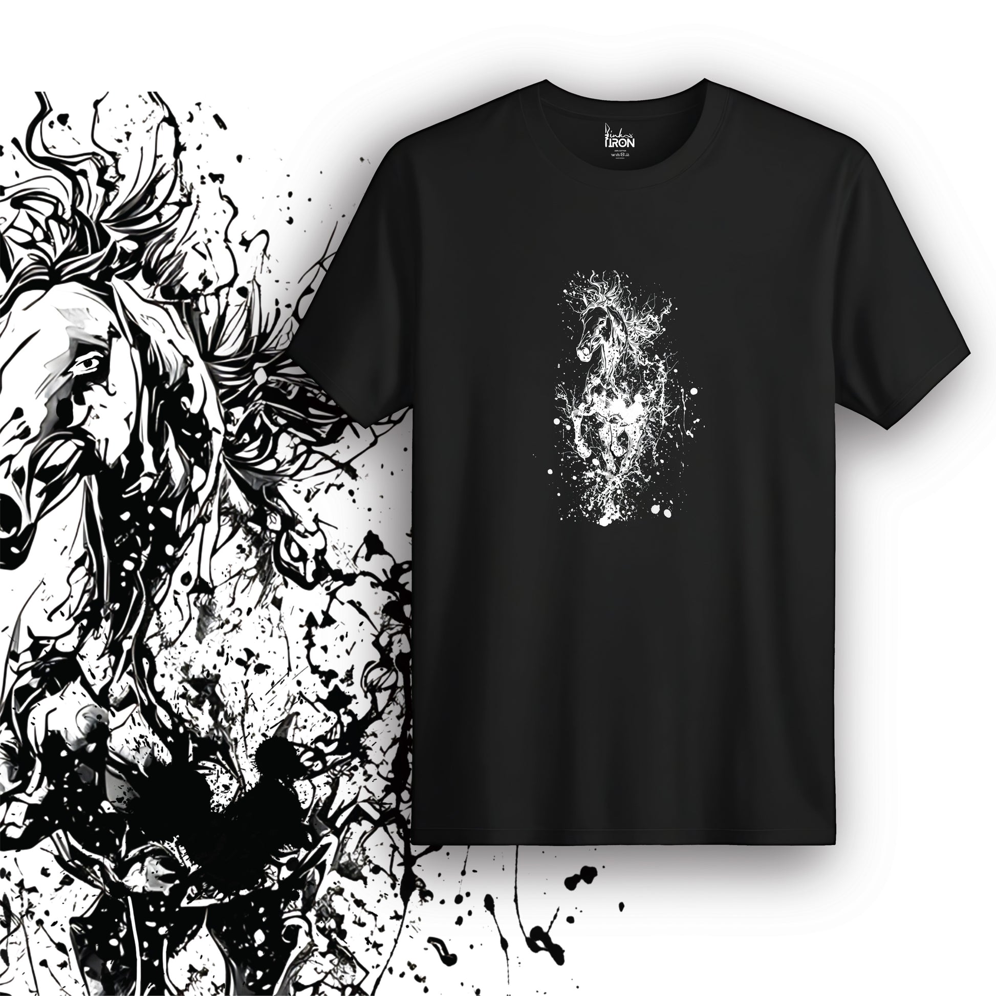 Storm Horse T-Shirt (Black) – Galloping horse bursting through an ink-splatter storm, white on black for high contrast and maximum drama.
