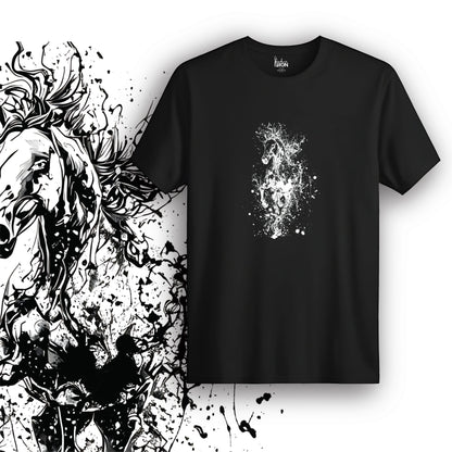 Storm Horse T-Shirt (Black) – Galloping horse bursting through an ink-splatter storm, white on black for high contrast and maximum drama.
