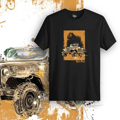 Trail Boss T-Shirt (Black) – Front view of an adventure-themed tee by Ink and Iron, featuring a detailed vintage jeep illustration on premium cotton.