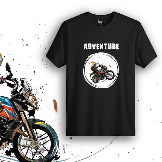 Adventure Motorcycle T-Shirt (Black) – Front view of biker tee by Ink and Iron, featuring hand-drawn artwork inspired by the spirit of exploration, long rides, and the thrill of the unknown on premium cotton.
