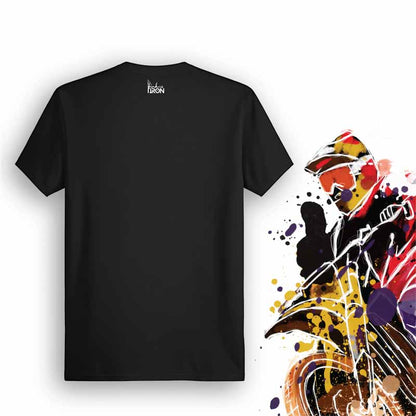 Rake Motorcycle T-Shirt (Black) – Back view of biker tee by Ink and Iron, with minimal yet bold design celebrating the stretched-out stance, smooth cruising, and custom chopper culture on soft, breathable cotton.
