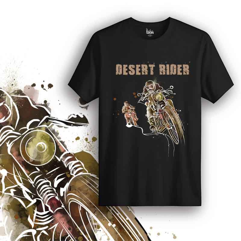 Desert Rider Motorcycle T-Shirt (Black) – Front view of biker tee by Ink and Iron, featuring hand-drawn artwork inspired by rugged desert landscapes, long-distance motorcycle touring, and off-road adventure riding on premium cotton.