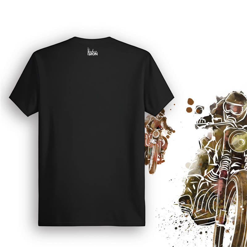 Desert Rider Motorcycle T-Shirt (Black) – Back view of biker tee by Ink and Iron, with minimal yet bold design celebrating endurance, resilience, and the thrill of riding through open desert trails on soft, breathable cotton.