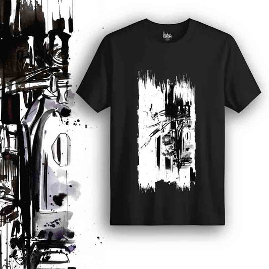 TopShot Motorcycle T-Shirt (Black) – Front view of adventure-inspired biker tee by Ink and Iron, featuring hand-drawn motion-themed artwork on premium cotton.
