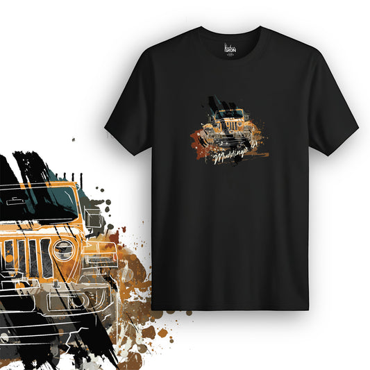 Mudding T-Shirt (Black) – Front view of an off-road adventure tee by Ink and Iron, featuring a hand-drawn rugged jeep design on premium cotton.