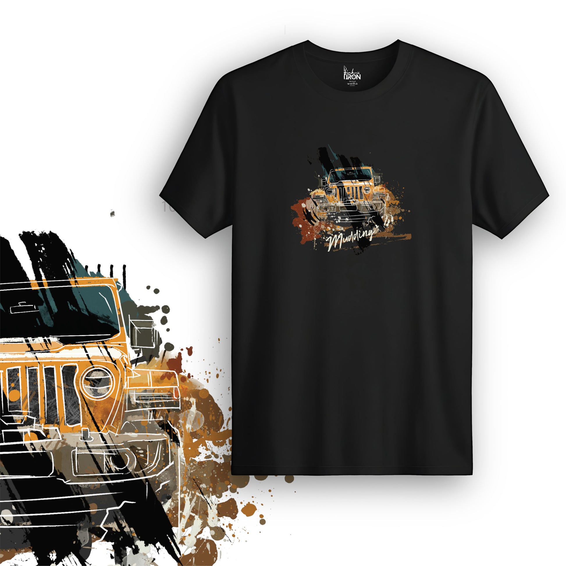 Mudding T-Shirt (Black) – Front view of an off-road adventure tee by Ink and Iron, featuring a hand-drawn rugged jeep design on premium cotton.