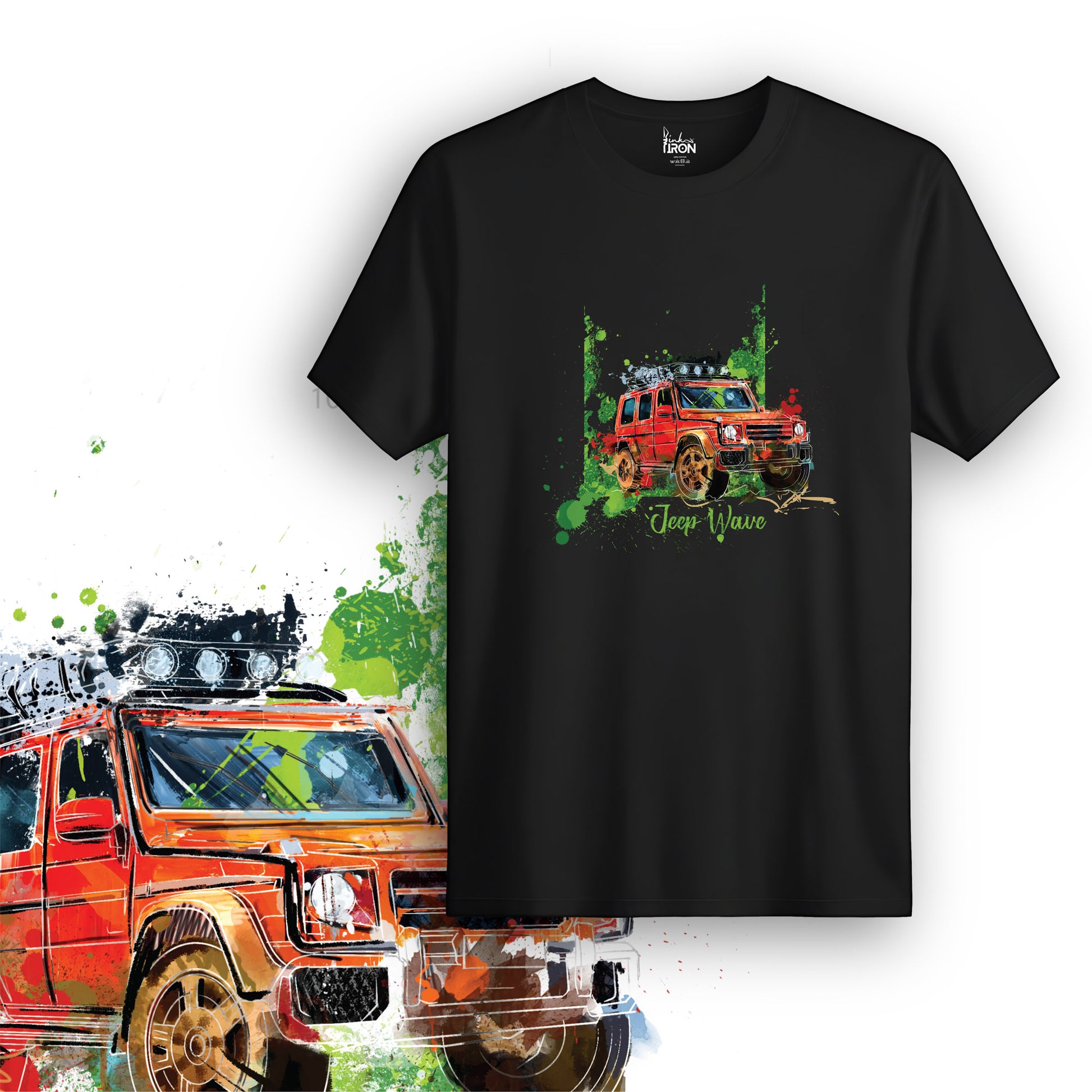 Jeep Wave T-Shirt (Black) – Front view of a bold off-road adventure tee by Ink and Iron, featuring a hand-drawn Jeep illustration on premium cotton.