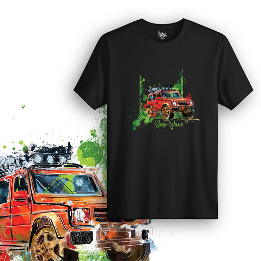 Jeep Wave T-Shirt (Black) – Front view of a bold off-road adventure tee by Ink and Iron, featuring a hand-drawn Jeep illustration on premium cotton.