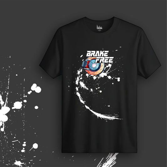 Brake Free T-Shirt (Black) - Features a tire-drift graphic in motion, accented with a vivid red-blue target and “Brake Free” text across the chest.
