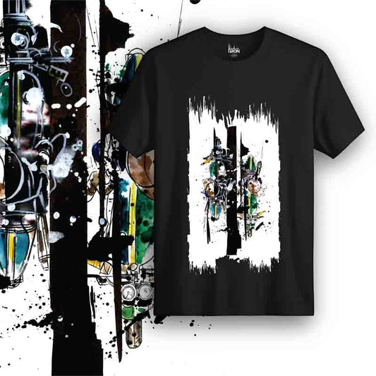 Convergence Motorcycle T-Shirt (Black) – Front view of adventure-inspired biker tee by Ink and Iron, featuring hand-drawn artwork symbolizing intersecting paths and unity in motion.
