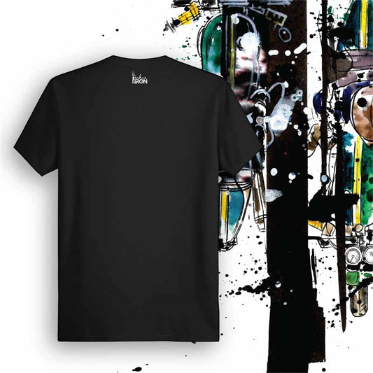 Convergence Motorcycle T-Shirt (Black) – Back view of biker tee by Ink and Iron, with minimal yet bold design representing the meeting of journeys on soft, breathable cotton.
