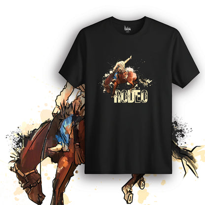 Rodeo T-Shirt (Black) – Bold graphic featuring a bronco rider mid-buck with distressed "RODEO" lettering and high-energy color splashes.
