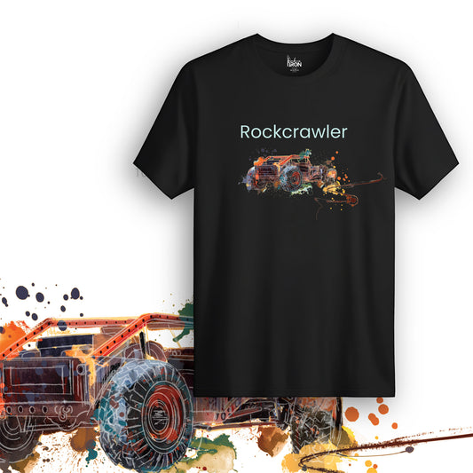 Rockcrawler T-Shirt (Black) – Front view of an extreme off-road tee by Ink and Iron, featuring a rugged rock-crawling vehicle design with artistic splashes.