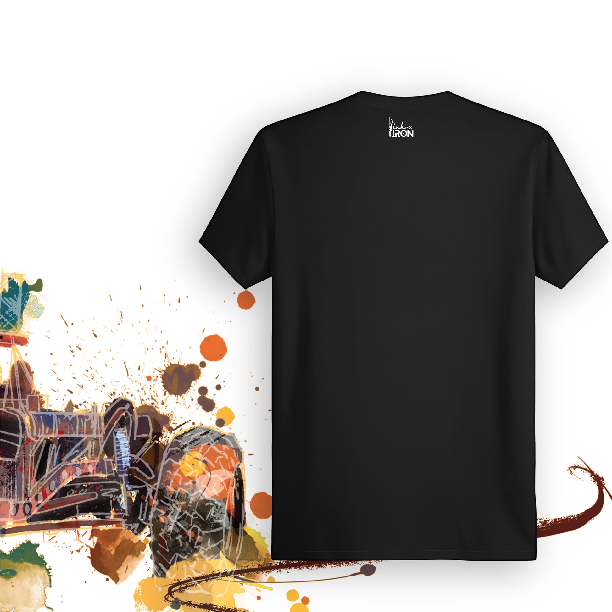 Rockcrawler T-Shirt (Black) – Front view of an extreme off-road tee by Ink and Iron, featuring a rugged rock-crawling vehicle design with artistic splashes.