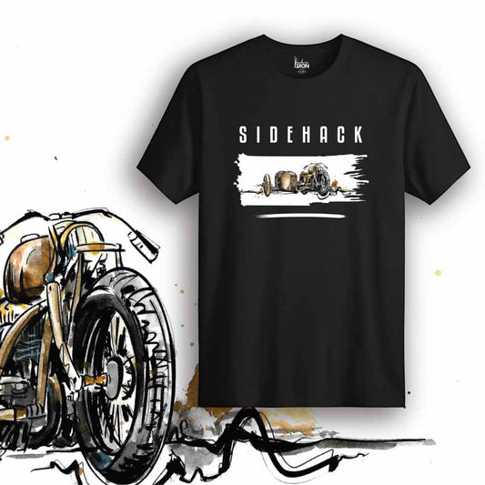 Side Hack Motorcycle T-Shirt (Black) – Front view of biker tee by Ink and Iron, featuring hand-drawn sidecar racing-inspired artwork on premium cotton.
