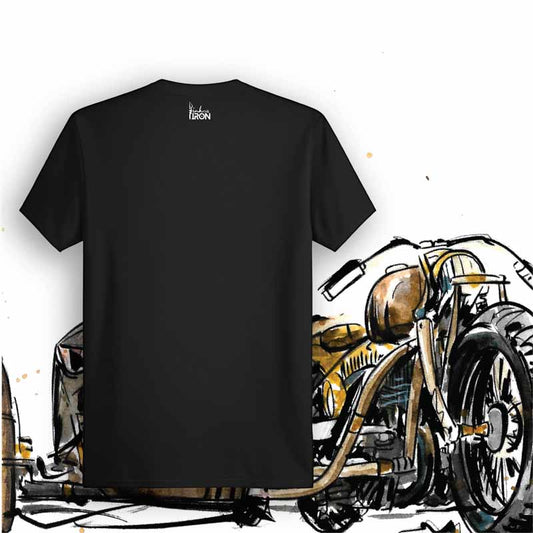 Side Hack Motorcycle T-Shirt (Black) – Back view of biker tee by Ink and Iron, with minimal yet bold design celebrating the thrill of sidecar motorcycling on soft, breathable cotton.
