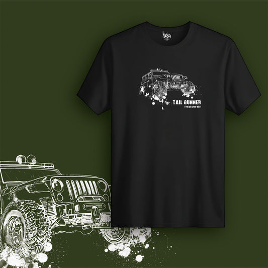 Tail Gunner T-Shirt (Black) – Off-road enthusiast’s tee featuring a rugged Jeep design with splatter effects and a bold “Tail Gunner” text.
