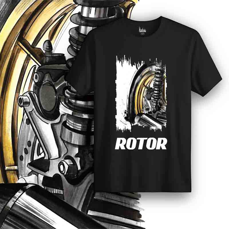 “Rotor Motorcycle T-Shirt (Black) – Front view of biker tee by Ink and Iron, featuring hand-drawn rotor-inspired artwork symbolizing motion and mechanical precision on premium cotton.
