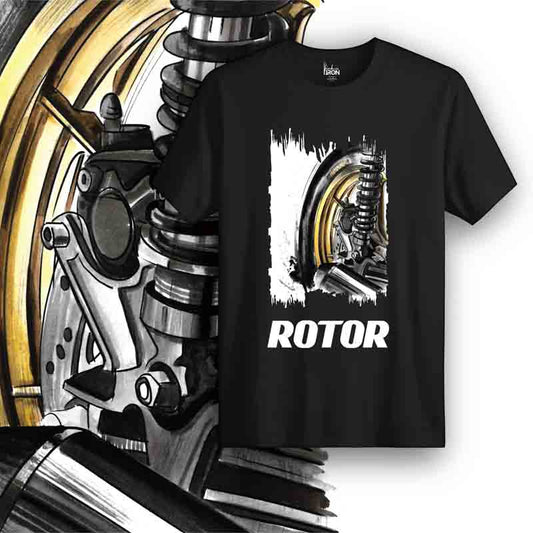 “Rotor Motorcycle T-Shirt (Black) – Front view of biker tee by Ink and Iron, featuring hand-drawn rotor-inspired artwork symbolizing motion and mechanical precision on premium cotton.
