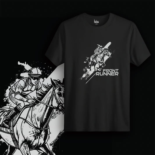 Front Runner T-Shirt (Black) – High-contrast artwork of a galloping racehorse with jockey, flanked by bold "FRONT RUNNER" typography and streak motion effects.
