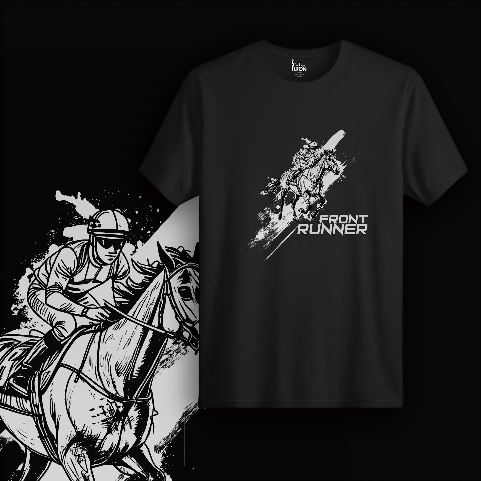 Front Runner T-Shirt (Black) – High-contrast artwork of a galloping racehorse with jockey, flanked by bold "FRONT RUNNER" typography and streak motion effects.