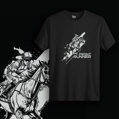 Front Runner T-Shirt (Black) – High-contrast artwork of a galloping racehorse with jockey, flanked by bold "FRONT RUNNER" typography and streak motion effects.