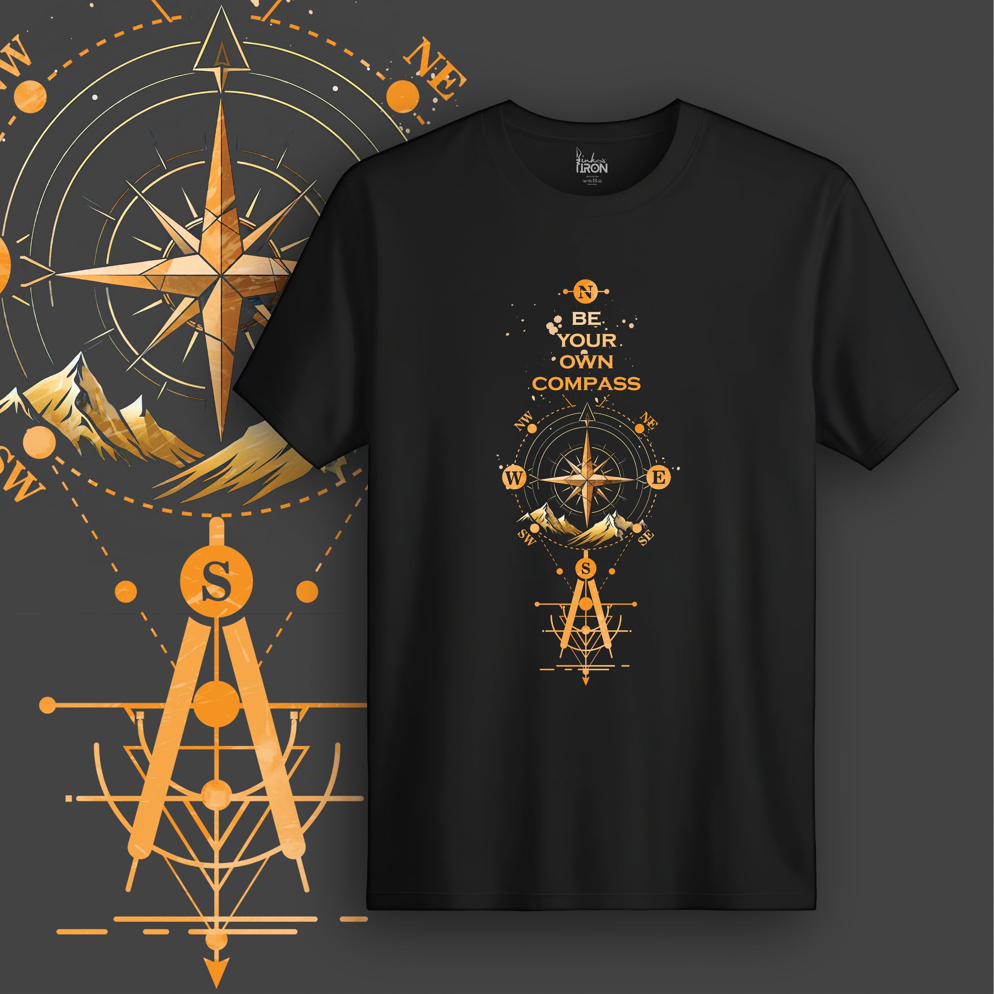 Be Your Own Compass T-Shirt (Black) - Symmetrical and symbolic artwork with compass points, stars, and wayfinder graphics in gold-orange tones.
