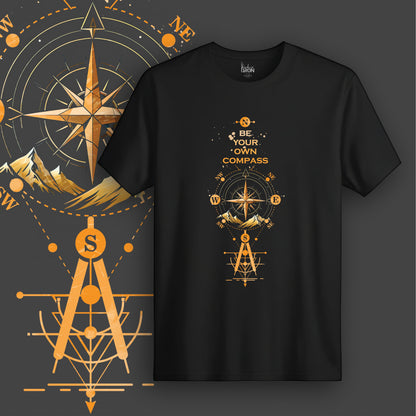 Be Your Own Compass T-Shirt (Black) - Symmetrical and symbolic artwork with compass points, stars, and wayfinder graphics in gold-orange tones.
