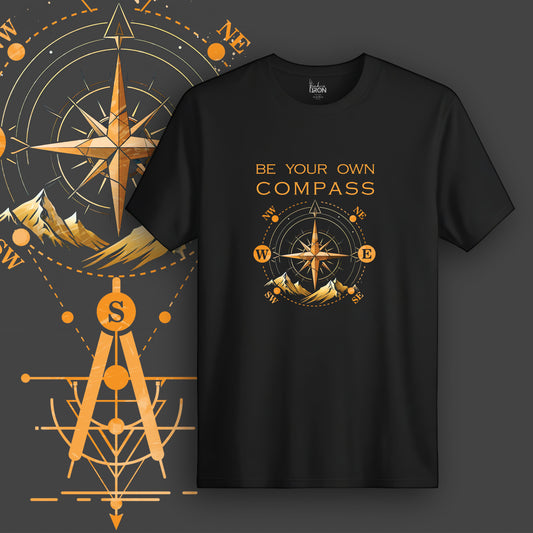 Be Your Own Compass T-Shirt (Black) - Elegant golden-orange print with a compass, mountain range, and banner text for bold self-guidance energy.
