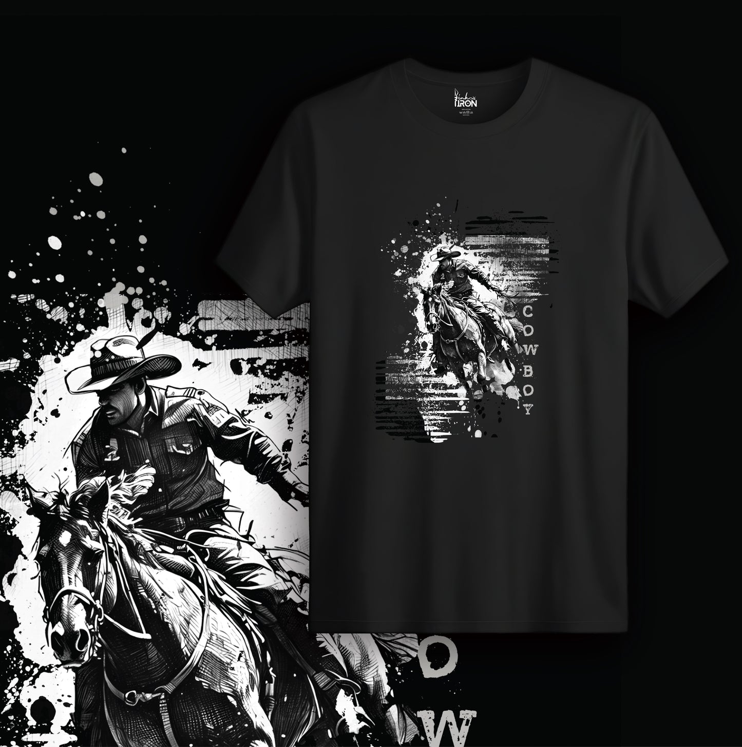 Cowboy T-Shirt (Black) – Dynamic graphic of a bold cowboy in motion layered over abstract ink textures, finished with distressed “COWBOY” text for a raw, unfiltered Western vibe.