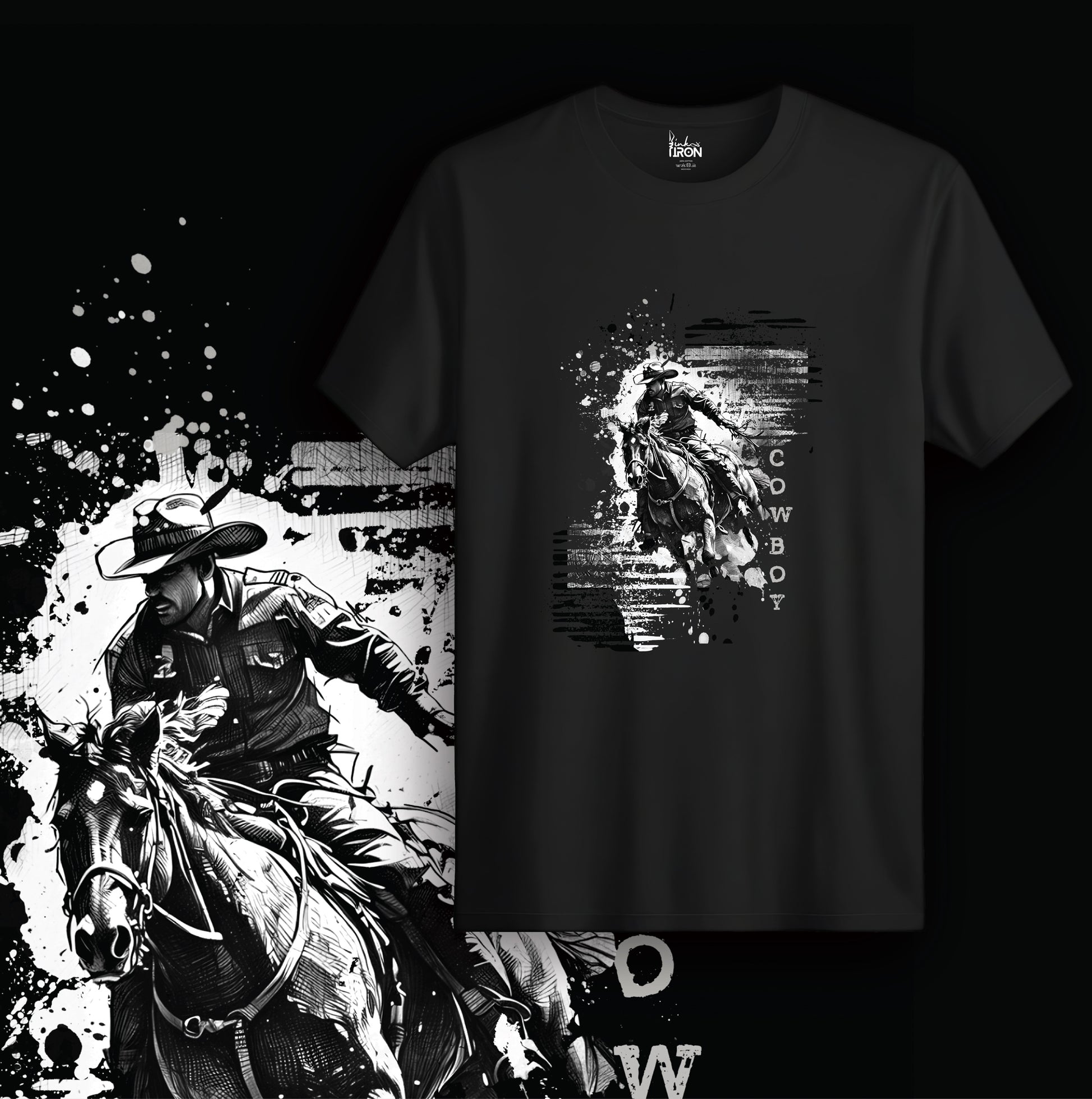 Cowboy T-Shirt (Black) – Dynamic graphic of a bold cowboy in motion layered over abstract ink textures, finished with distressed “COWBOY” text for a raw, unfiltered Western vibe.
