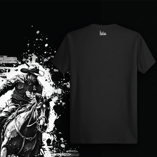Cowboy T-Shirt (Black) – Solid black back with upper-neck logo detail, tailored for all-day wear with a clean silhouette and comfortable fit.